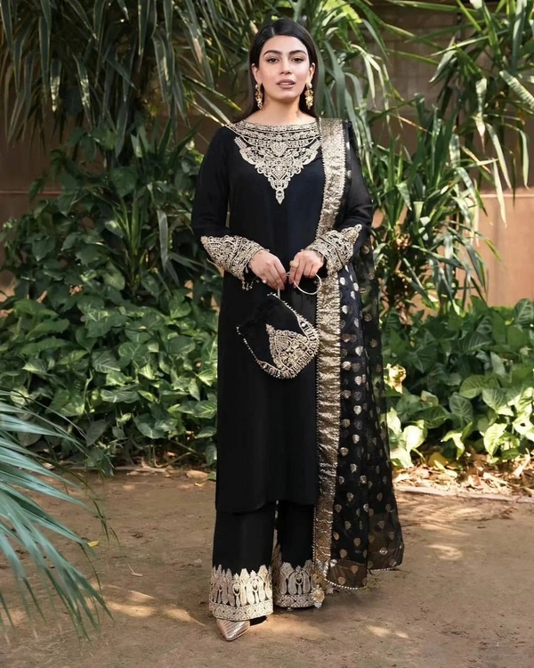 FWVF HEAVY GEORGETTE TOP WITH BEAUTIFUL FULLY EMBROIDERED &  HEAVY GEORGETTE PLAZZO - XXL-44, Black