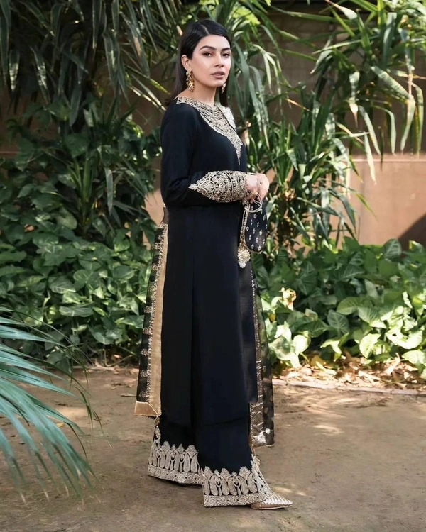 FWVF HEAVY GEORGETTE TOP WITH BEAUTIFUL FULLY EMBROIDERED &  HEAVY GEORGETTE PLAZZO - XXL-44, Black