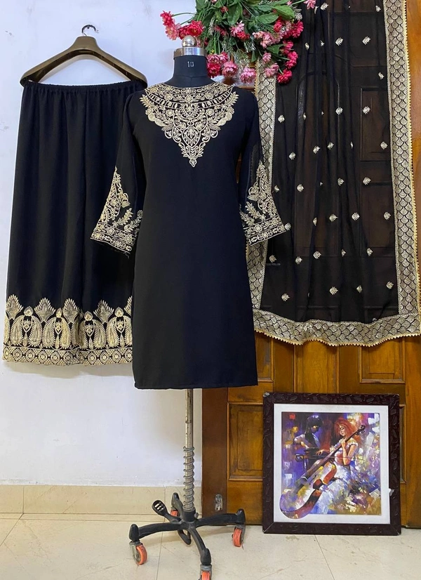 FWVF HEAVY GEORGETTE TOP WITH BEAUTIFUL FULLY EMBROIDERED &  HEAVY GEORGETTE PLAZZO - XXL-44, Black