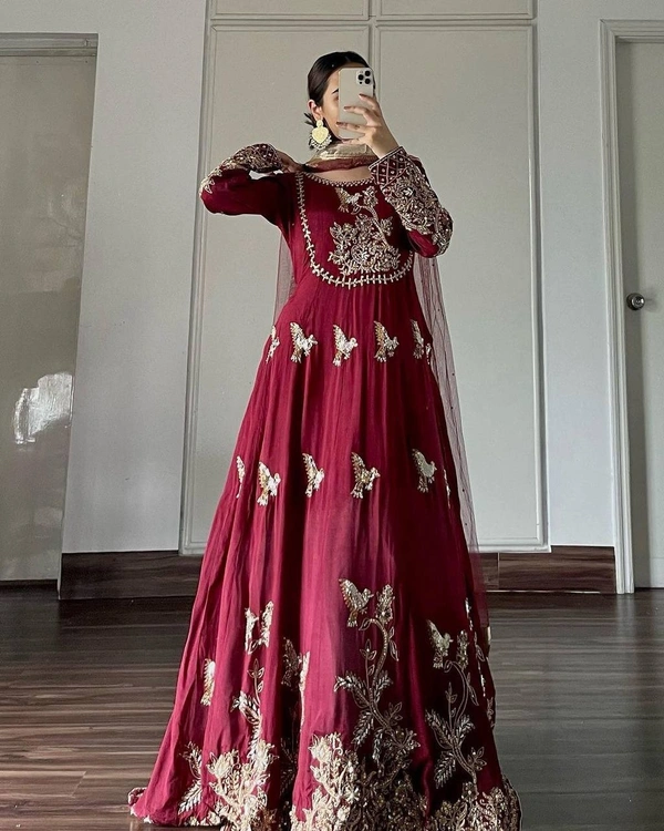 FWVF DESIGNER  EMBROIDERED ANARKALI GOWN WITH DUPATTA - XXL-44, Maroon