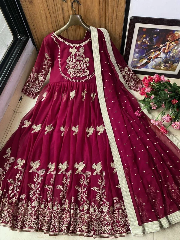 FWVF DESIGNER  EMBROIDERED ANARKALI GOWN WITH DUPATTA - XXL-44, Maroon