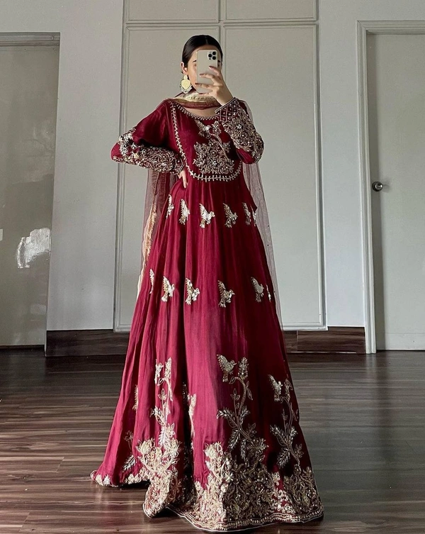 FWVF DESIGNER  EMBROIDERED ANARKALI GOWN WITH DUPATTA - XXL-44, Maroon