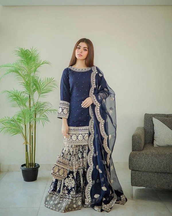 FWVF QUALITY GEORGETTE TOP WITH BEAUTIFUL FULLY EMBROIDERED GEORGETTE PLAZZO - XXL-44, Navy Blue