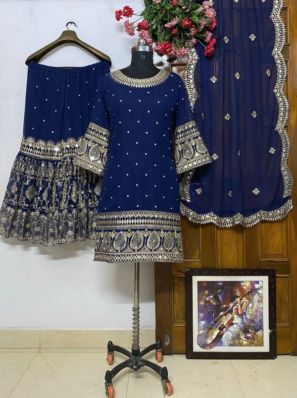 FWVF QUALITY GEORGETTE TOP WITH BEAUTIFUL FULLY EMBROIDERED GEORGETTE PLAZZO - XXL-44, Navy Blue