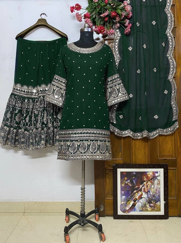 FWVF QUALITY GEORGETTE TOP WITH BEAUTIFUL FULLY EMBROIDERED GEORGETTE PLAZZO - XXL-44, Deep Green