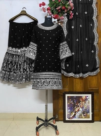 FWVF QUALITY GEORGETTE TOP WITH BEAUTIFUL FULLY EMBROIDERED GEORGETTE PLAZZO - XXL-44, Black