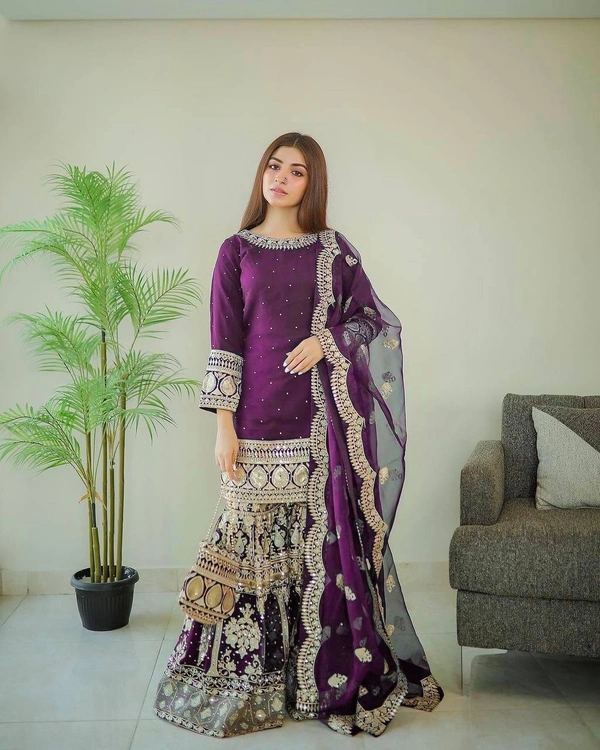 FWVF QUALITY GEORGETTE TOP WITH BEAUTIFUL FULLY EMBROIDERED GEORGETTE PLAZZO - XXL-44, Purple