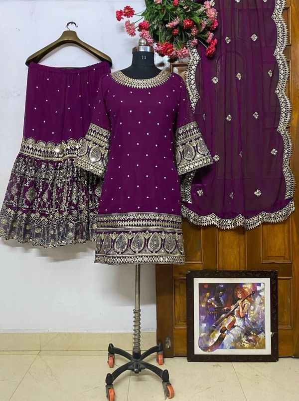 FWVF QUALITY GEORGETTE TOP WITH BEAUTIFUL FULLY EMBROIDERED GEORGETTE PLAZZO - XXL-44, Purple
