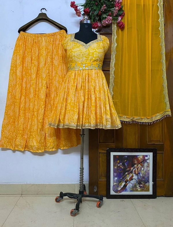 FWVF MUSLIN TOP WITH BEAUTIFUL EMBROIDERED &  HEAVY MUSLIN PLAZZO - XXL-44, Yellow