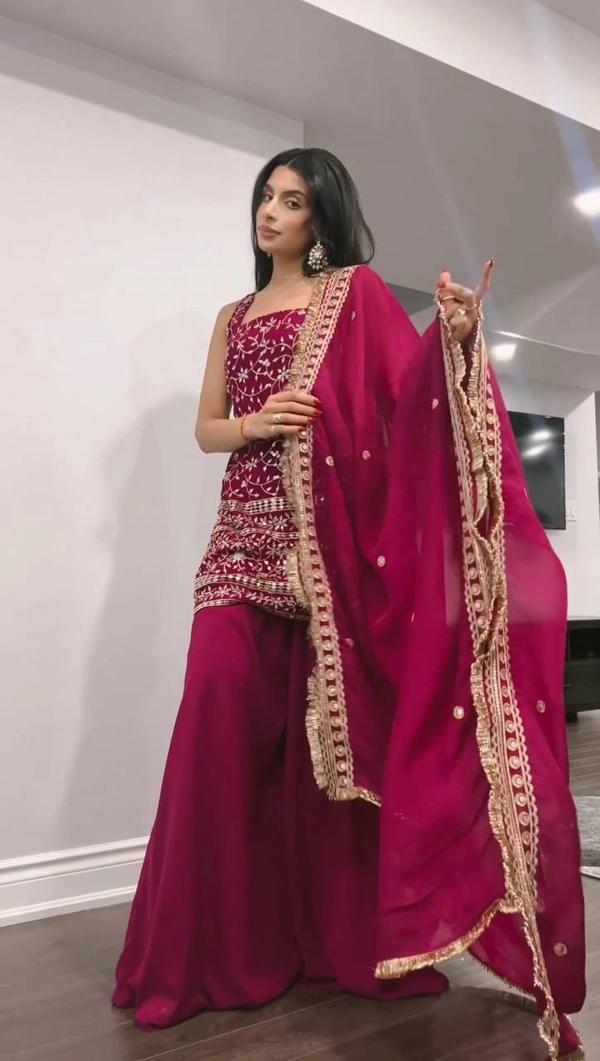 FWVF TOP WITH BEAUTIFUL FULLY EMBROIDERED GEORGETTE PLAZZO - XXL-44, Bright Red