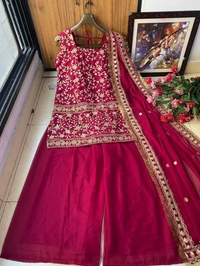 FWVF TOP WITH BEAUTIFUL FULLY EMBROIDERED GEORGETTE PLAZZO - XXL-44, Bright Red