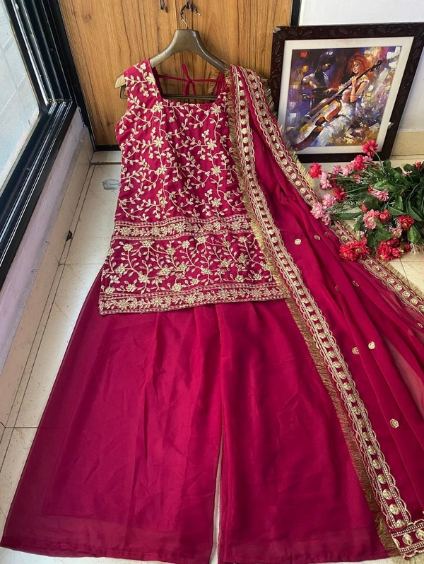 FWVF TOP WITH BEAUTIFUL FULLY EMBROIDERED GEORGETTE PLAZZO - XXL-44, Bright Red