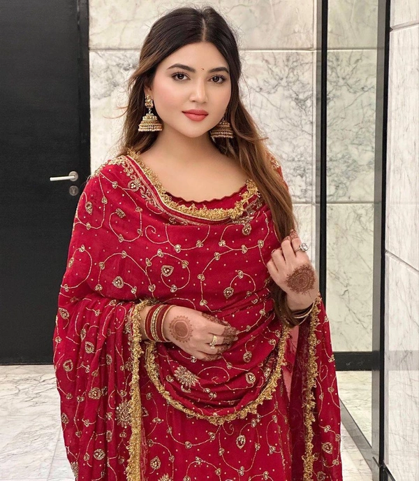FWVF TRENDING GEORGETTE TOP WITH BEAUTIFUL FULLY EMBROIDERED GEORGETTE PLAZZO - XXL-44, Red Berry