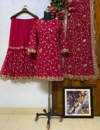 FWVF TRENDING GEORGETTE TOP WITH BEAUTIFUL FULLY EMBROIDERED GEORGETTE PLAZZO - XXL-44, Red Berry