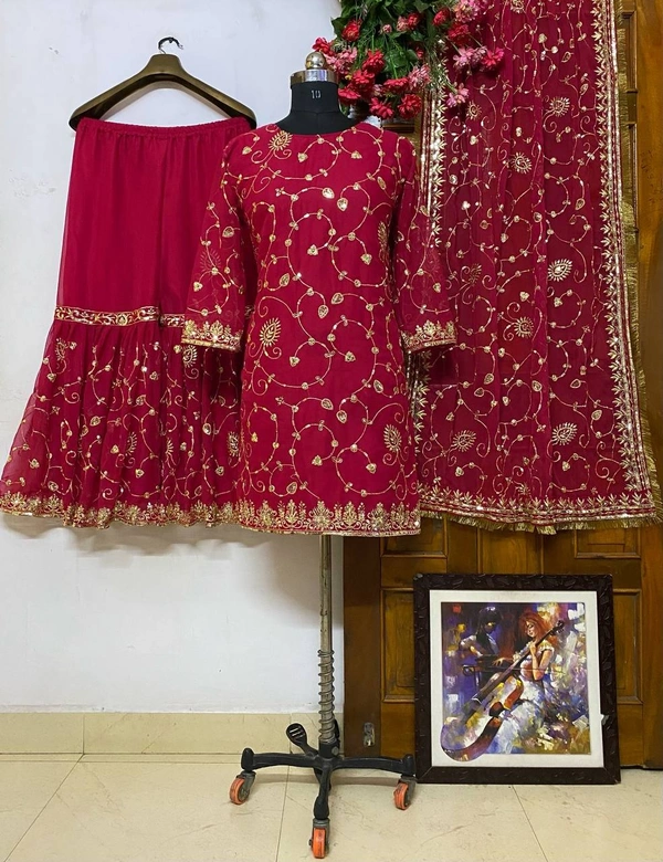 FWVF TRENDING GEORGETTE TOP WITH BEAUTIFUL FULLY EMBROIDERED GEORGETTE PLAZZO - XXL-44, Red Berry