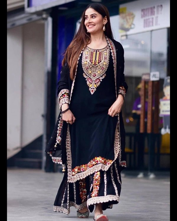 FWVF PREMIUM HEAVY GEORGETTE TOP WITH BEAUTIFUL EMBROIDERED &  HEAVY GEORGETTE PLAZZO - XXL-44, Black