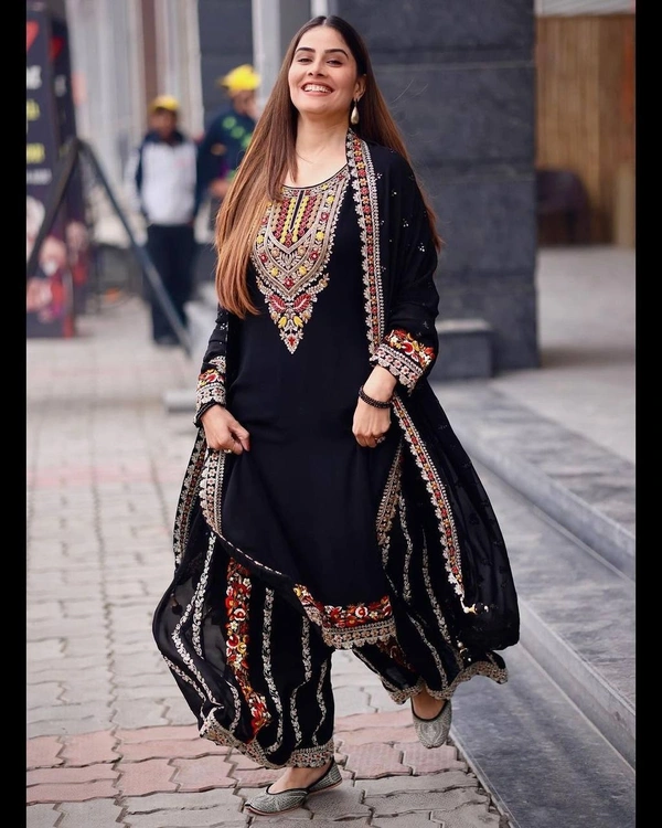FWVF PREMIUM HEAVY GEORGETTE TOP WITH BEAUTIFUL EMBROIDERED &  HEAVY GEORGETTE PLAZZO - XXL-44, Black