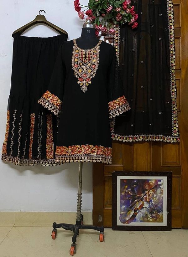 FWVF PREMIUM HEAVY GEORGETTE TOP WITH BEAUTIFUL EMBROIDERED &  HEAVY GEORGETTE PLAZZO - XXL-44, Black