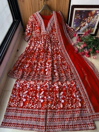 FWVF FLARED GEORGETTE TOP WITH BEAUTIFUL FULLY EMBROIDERED GEORGETTE PLAZZO  - XXL-44, Bright Red