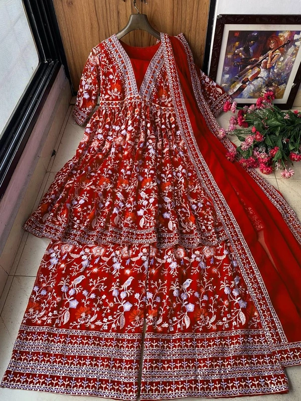 FWVF FLARED GEORGETTE TOP WITH BEAUTIFUL FULLY EMBROIDERED GEORGETTE PLAZZO  - XXL-44, Bright Red