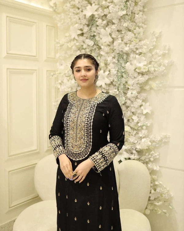 FWVF FANCY QUALITY HEAVY GEORGETTE TOP WITH BEAUTIFUL EMBROIDERED &  HEAVY GEORGETTE PLAZZO - XXL-44, Black