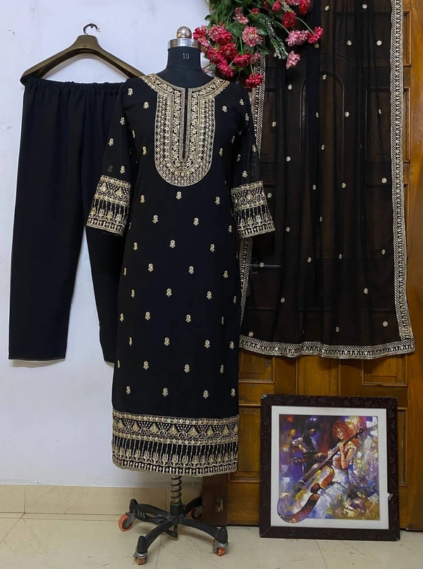 FWVF FANCY QUALITY HEAVY GEORGETTE TOP WITH BEAUTIFUL EMBROIDERED &  HEAVY GEORGETTE PLAZZO - XXL-44, Black