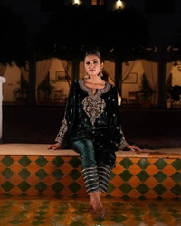 FWVF HEAVY VELVET TOP WITH BEAUTIFUL EMBROIDERED &  HEAVY VELVET PLAZZO - XXL-44, Deep Green