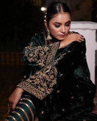 FWVF HEAVY VELVET TOP WITH BEAUTIFUL EMBROIDERED &  HEAVY VELVET PLAZZO - XXL-44, Deep Green