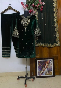 FWVF HEAVY VELVET TOP WITH BEAUTIFUL EMBROIDERED &  HEAVY VELVET PLAZZO - XXL-44, Deep Green