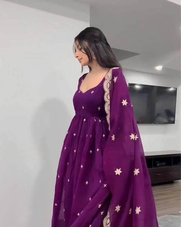 FWVF DESIGNER  EMBROIDERED ANARKALI GOWN WITH DUPATTA - XXL-44, Purple