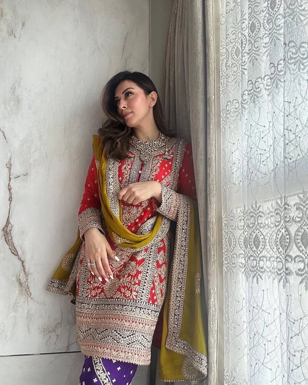 FWVF BEAUTIFUL FULLY EMBROIDERED  GEORGETTE KURTI PLAZZO SET - XXL-44, Red