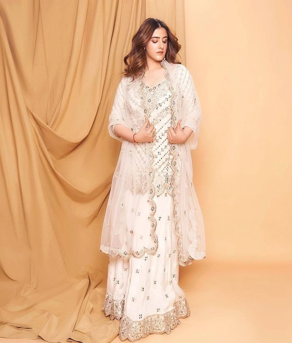 FWVF FULLY EMBROIDERED &  GEORGETTE ,KURTI PLAZZO WITH DUPATTA - XXL-44, White