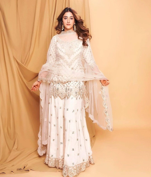 FWVF FULLY EMBROIDERED &  GEORGETTE ,KURTI PLAZZO WITH DUPATTA - XXL-44, White