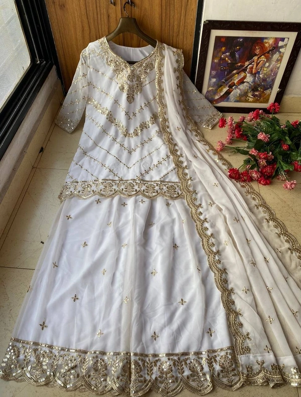 FWVF FULLY EMBROIDERED &  GEORGETTE ,KURTI PLAZZO WITH DUPATTA - XXL-44, White