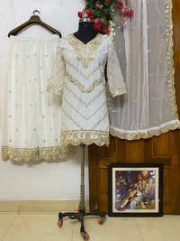 FWVF FULLY EMBROIDERED &  GEORGETTE ,KURTI PLAZZO WITH DUPATTA - XXL-44, White