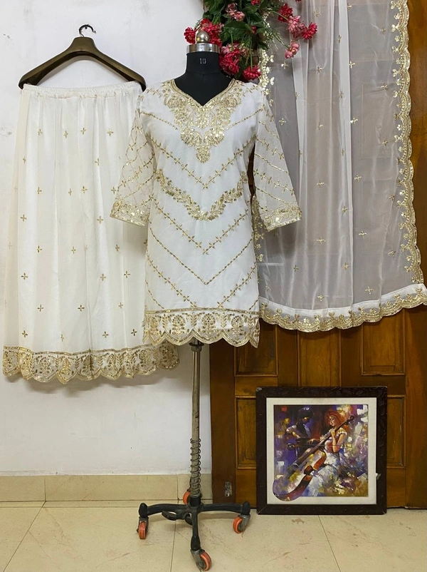 FWVF FULLY EMBROIDERED &  GEORGETTE ,KURTI PLAZZO WITH DUPATTA - XXL-44, White