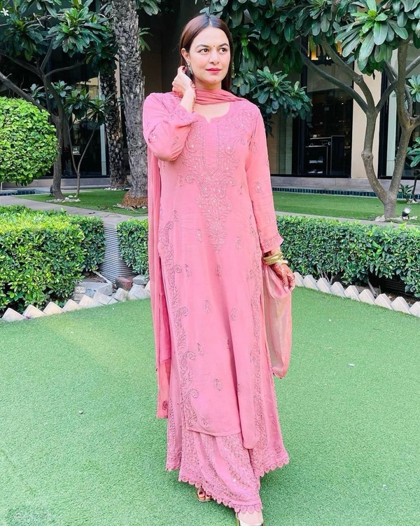 FWBE SEQUINS EMBROIDRED GEORGETTE TOP COTTON THREAD EMBROIDERED REAL FOIL WORK AND WORK PLAZO WITH DUPATTA - M-38, Sweet Pink