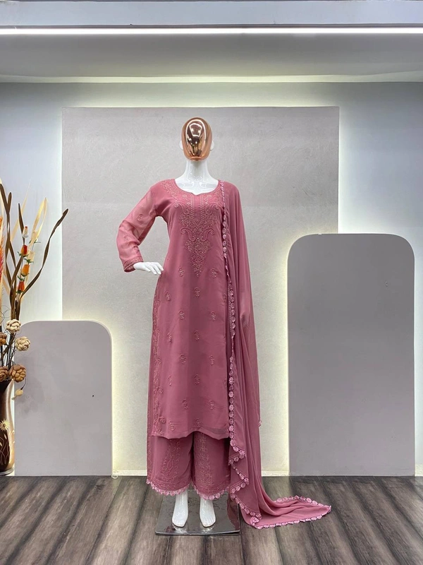 FWBE SEQUINS EMBROIDRED GEORGETTE TOP COTTON THREAD EMBROIDERED REAL FOIL WORK AND WORK PLAZO WITH DUPATTA - M-38, Sweet Pink