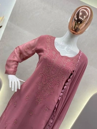 FWBE SEQUINS EMBROIDRED GEORGETTE TOP COTTON THREAD EMBROIDERED REAL FOIL WORK AND WORK PLAZO WITH DUPATTA - M-38, Sweet Pink