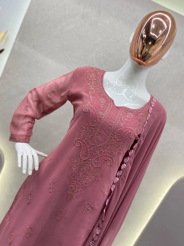 FWBE SEQUINS EMBROIDRED GEORGETTE TOP COTTON THREAD EMBROIDERED REAL FOIL WORK AND WORK PLAZO WITH DUPATTA - M-38, Sweet Pink