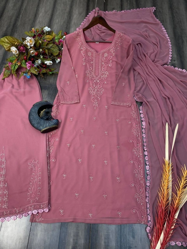 FWBE SEQUINS EMBROIDRED GEORGETTE TOP COTTON THREAD EMBROIDERED REAL FOIL WORK AND WORK PLAZO WITH DUPATTA - M-38, Sweet Pink