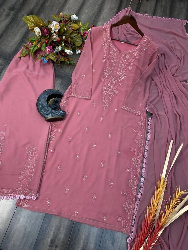 FWBE SEQUINS EMBROIDRED GEORGETTE TOP COTTON THREAD EMBROIDERED REAL FOIL WORK AND WORK PLAZO WITH DUPATTA - M-38, Sweet Pink
