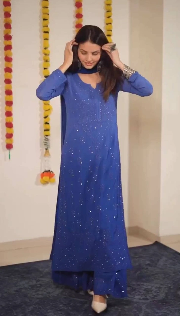 FWBE TRENDING THREAD EMBROIDERED FAUX GEORGETTE TOP REAL DAIMOND WORK AND WORK PLAZO WITH DUPATTA - XL-42, Blue