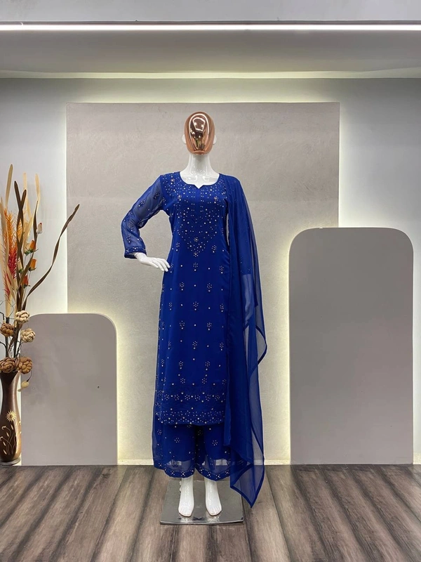 FWBE TRENDING THREAD EMBROIDERED FAUX GEORGETTE TOP REAL DAIMOND WORK AND WORK PLAZO WITH DUPATTA - XL-42, Blue