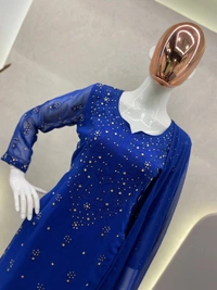 FWBE TRENDING THREAD EMBROIDERED FAUX GEORGETTE TOP REAL DAIMOND WORK AND WORK PLAZO WITH DUPATTA - XL-42, Blue