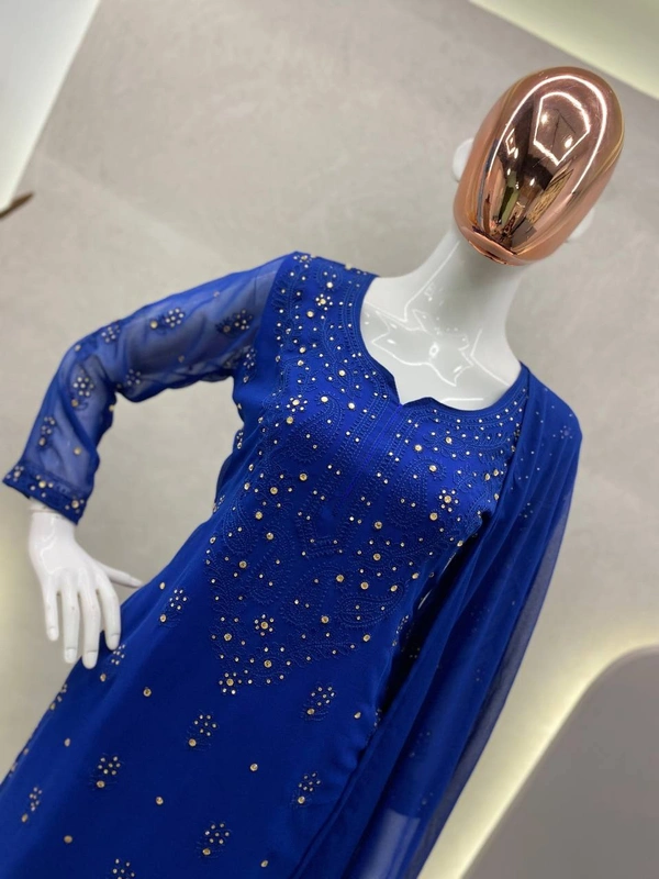 FWBE TRENDING THREAD EMBROIDERED FAUX GEORGETTE TOP REAL DAIMOND WORK AND WORK PLAZO WITH DUPATTA - XL-42, Blue