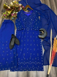 FWBE TRENDING THREAD EMBROIDERED FAUX GEORGETTE TOP REAL DAIMOND WORK AND WORK PLAZO WITH DUPATTA - XL-42, Blue