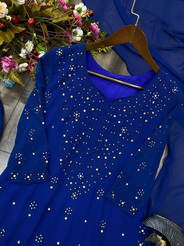 FWBE TRENDING THREAD EMBROIDERED FAUX GEORGETTE TOP REAL DAIMOND WORK AND WORK PLAZO WITH DUPATTA - XL-42, Blue
