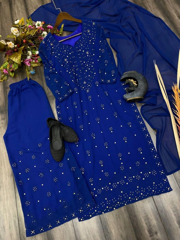 FWBE TRENDING THREAD EMBROIDERED FAUX GEORGETTE TOP REAL DAIMOND WORK AND WORK PLAZO WITH DUPATTA - XL-42, Blue