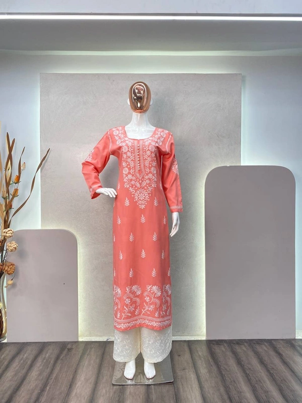 FWBE COTTON THREAD EMBROIDERED WORK AND WORK KURTI WITH PLAZO - M-38, Sweet Pink